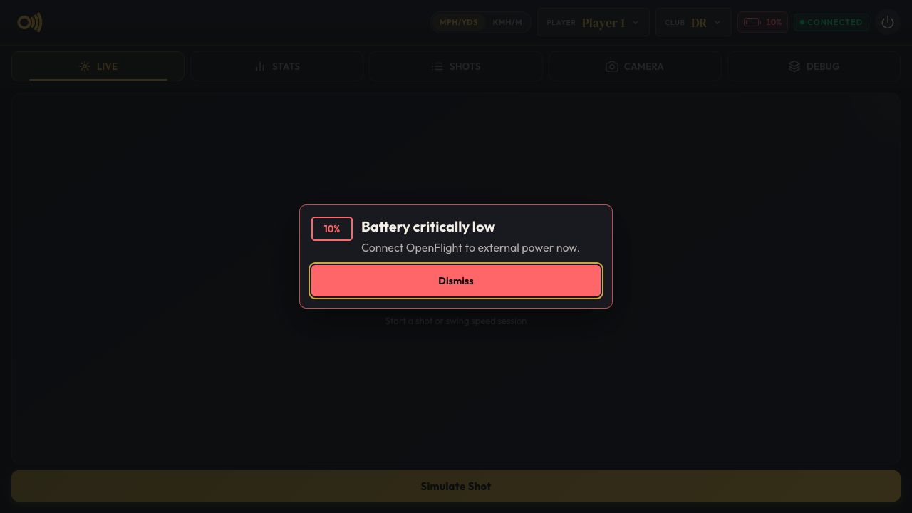 Dismissible critical-battery warning at 10%